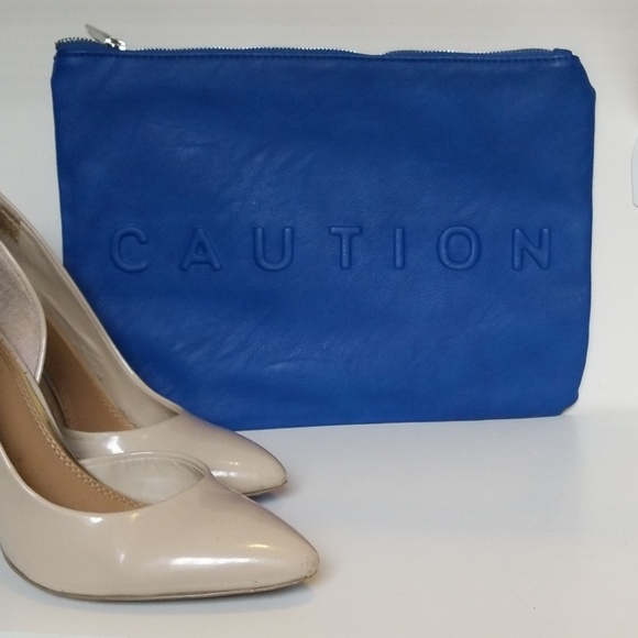 NWOT Blue Zara "Caution Feeling Lucky" Clutch - Picture 1 of 6